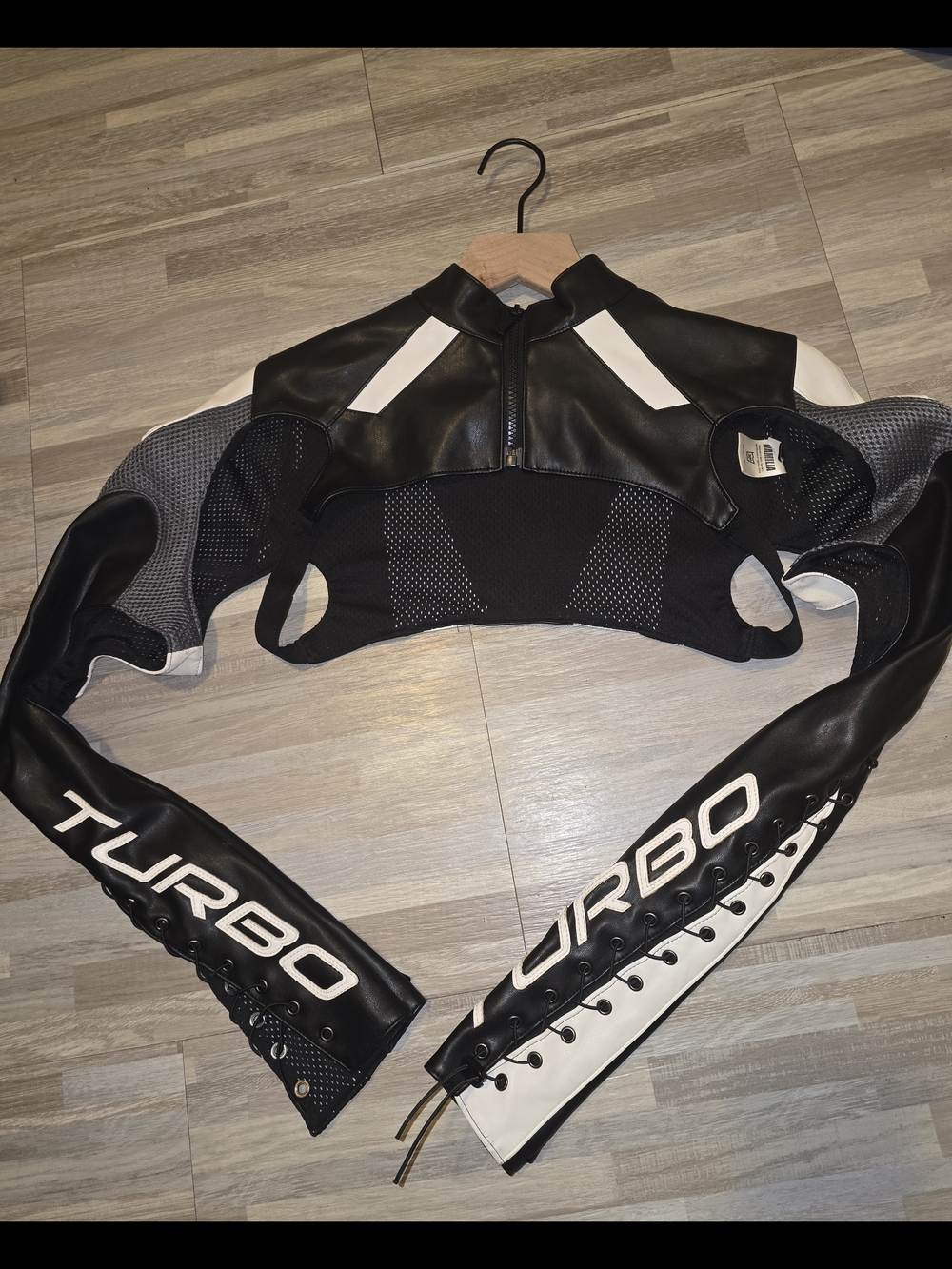 Turbo Black & White Cropped Leather Motorcycle Jacket